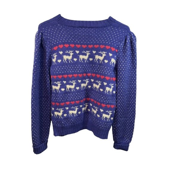Vtg Salt Air of Marblehead Holiday Sweater Wool Reindeer Hearts Lavender 36 M - Picture 2 of 3